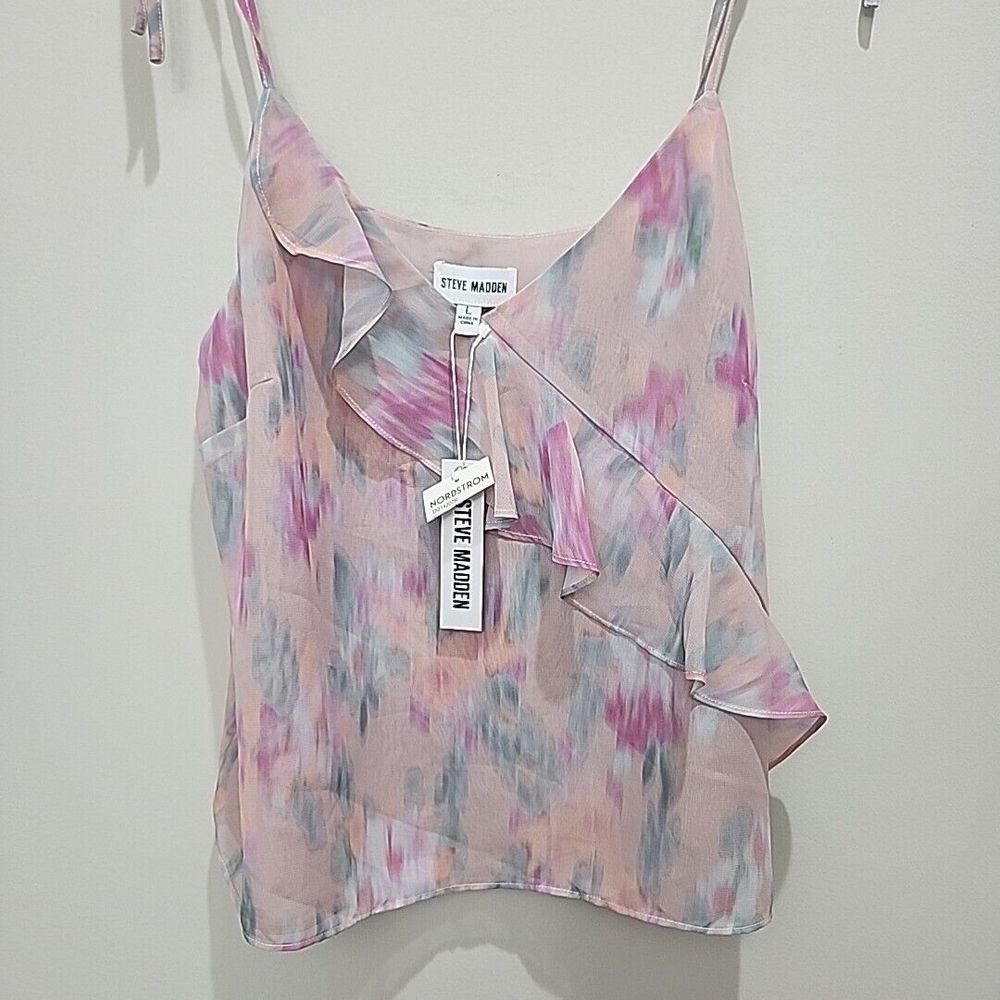 Steve Madden Floral Ruffle Tank Top Adjustable Straps Sheer Pastel Size Large